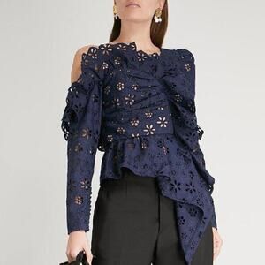 Self-Portrait Navy Eyelet Asymmetrical One Shoulder Long Sleeve Top NWT